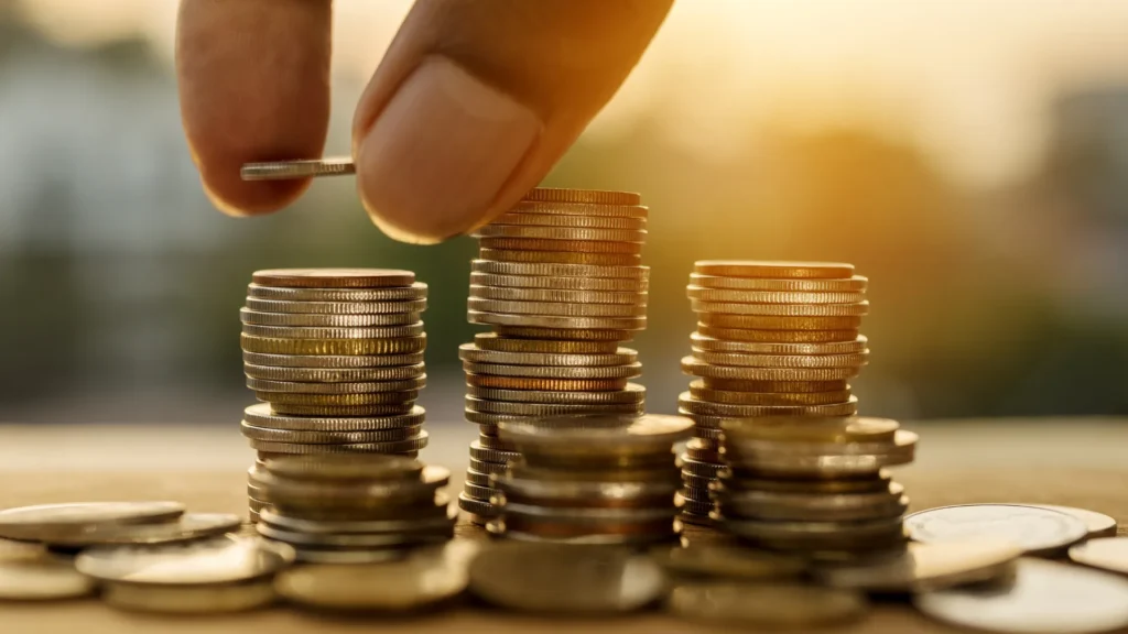 A person is putting money in stacks of coins.