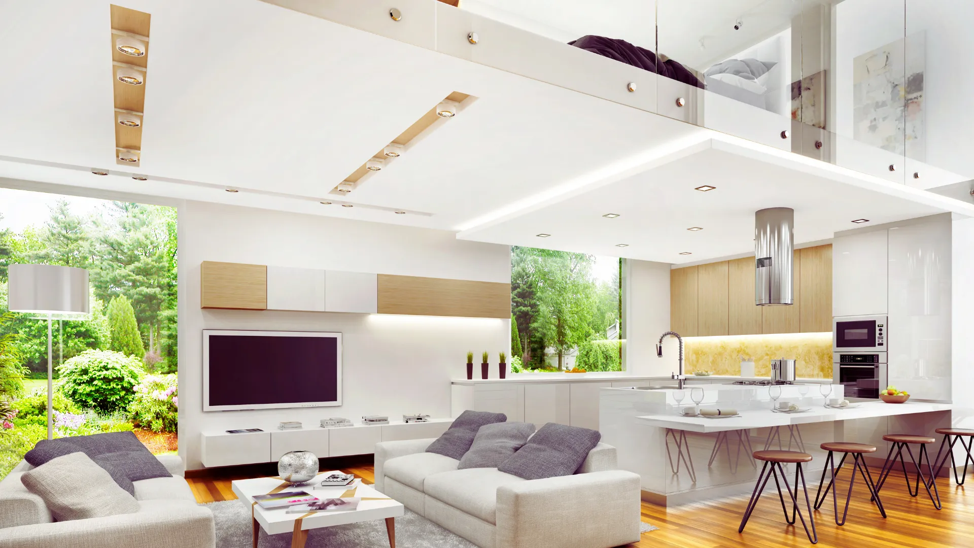 A living room with white furniture and wooden floors.